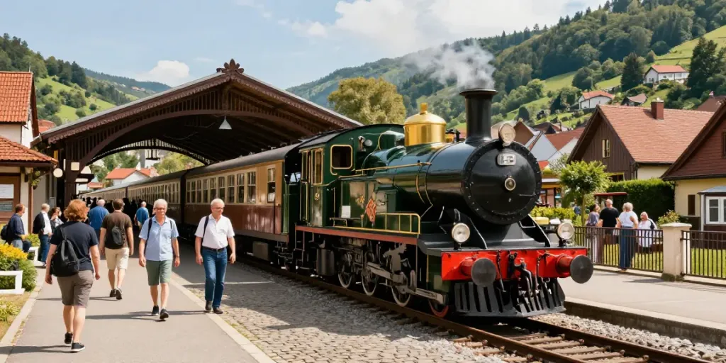 Train ticket prices guide showcasing a vintage train station bustling with travelers.