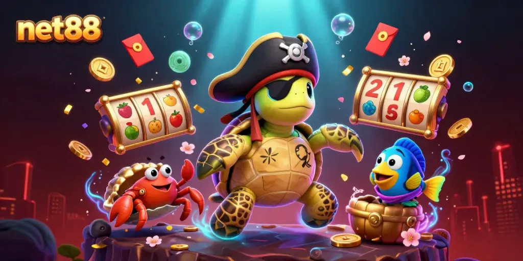 Experience the vibrant world of net88, where gaming meets adventure with joyful pirate-themed characters and lucky casino elements.