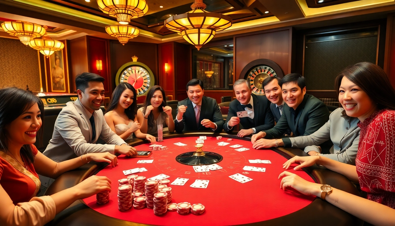 Players experience CM88's thrill at a luxurious poker table in a bustling casino atmosphere.