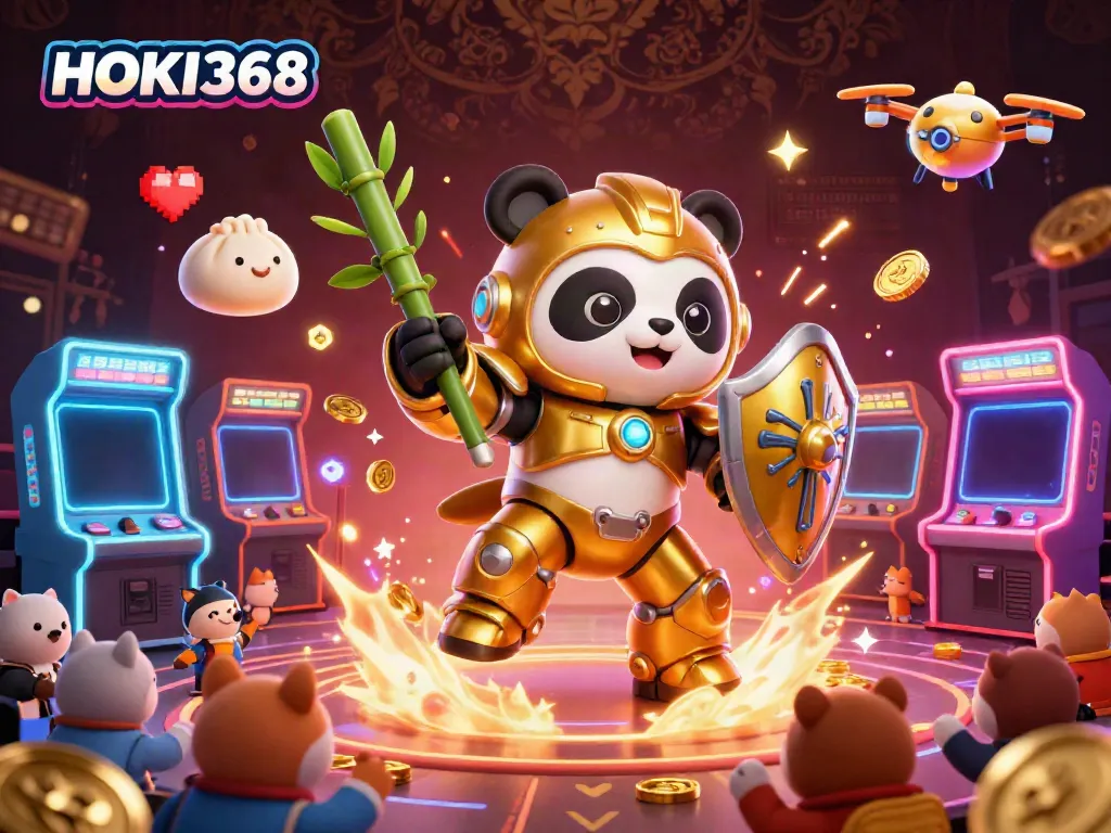 Experience interactive gaming excitement with HOKI368 in a vibrant 3D casino battle arena scene.