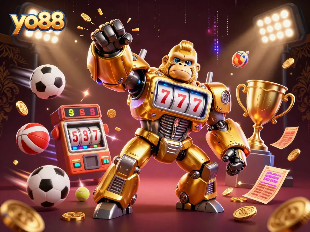 Engage with yo88's exciting gaming action featuring a golden gorilla mech with slot machine parts.