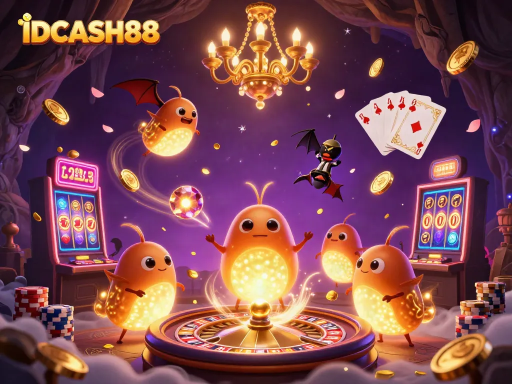 Experience thrilling gameplay with IDCASH88 in this vibrant casino 3D illustration featuring glowing characters.