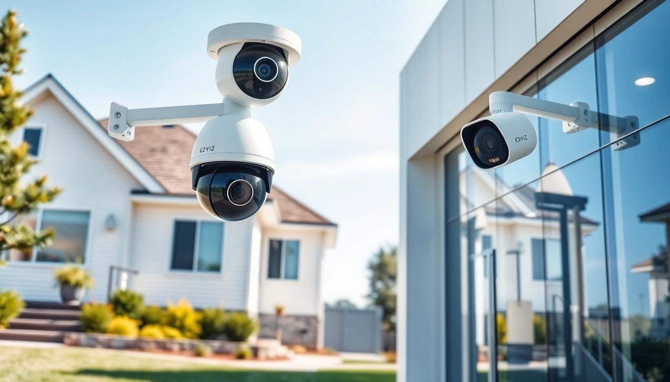 Cámaras Ezviz instaladas en una casa suburbana y en un edificio de oficinas moderno para una mayor seguridad.