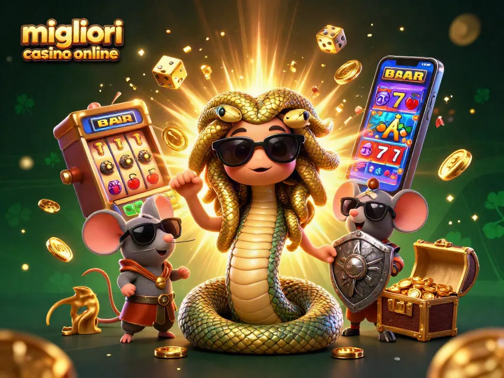 Migliori casino online con Medusa e un mouse guerriero in un'illustrazione 3D, circondati da simboli di slot e monete d'oro.