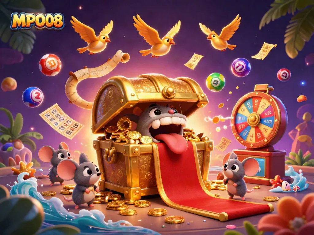 MPO08 engages players with a vibrant, colorful gaming scene filled with treasure and excitement.