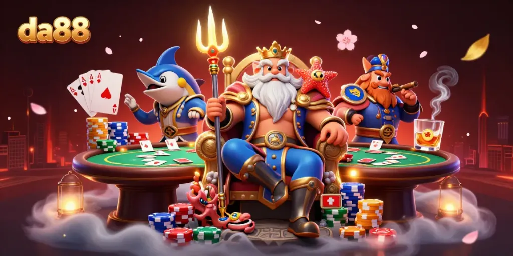 Engage with da88's vibrant casino scene featuring Neptune, poker chips, and community cards.