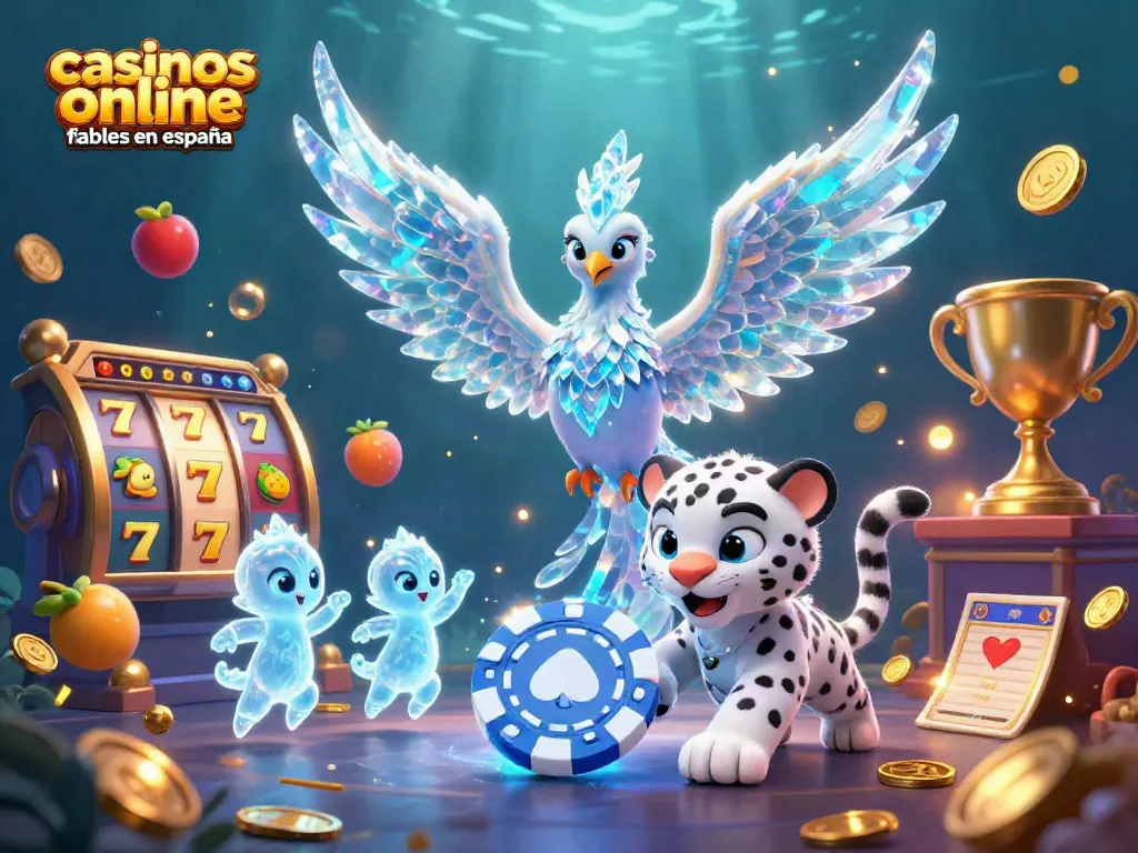 Juega en casinos online fiables en España con la ilusión de un fénix de hielo y símbolos de slots brillantes.