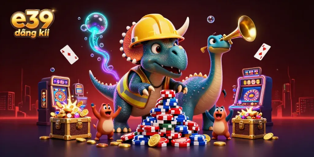 Engage in e39 đăng ký with vibrant casino scenes featuring a triceratops, poker chips, and celebration elements.