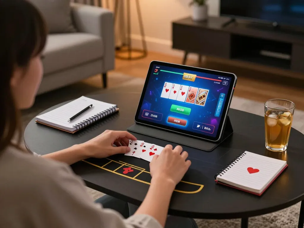 Engaging person playing poker on nk88 com in cozy living room setting with betting notes.