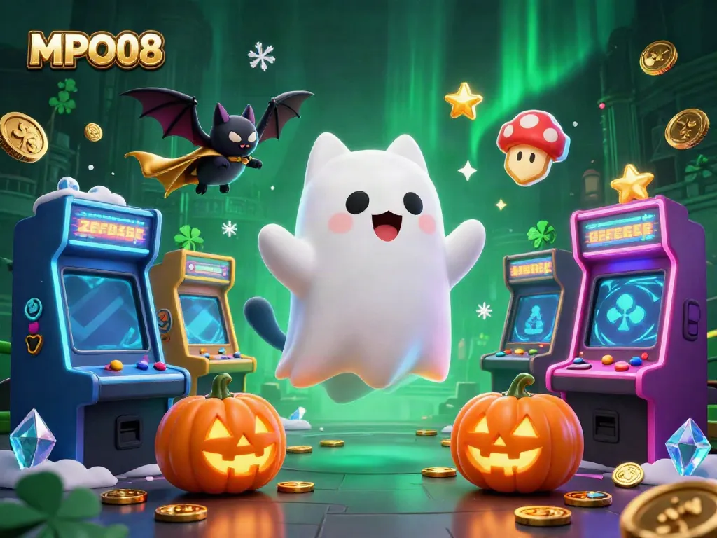MPO08's ghost cat and bat companion enchant players in a whimsical haunted casino.