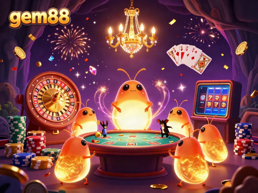 Experience excitement with gem88 in a lively cave casino filled with glowing characters and dynamic games.
