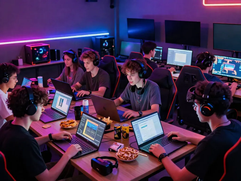 Diverse friends enjoying gaming experience at Hitclub with colorful LED lights.