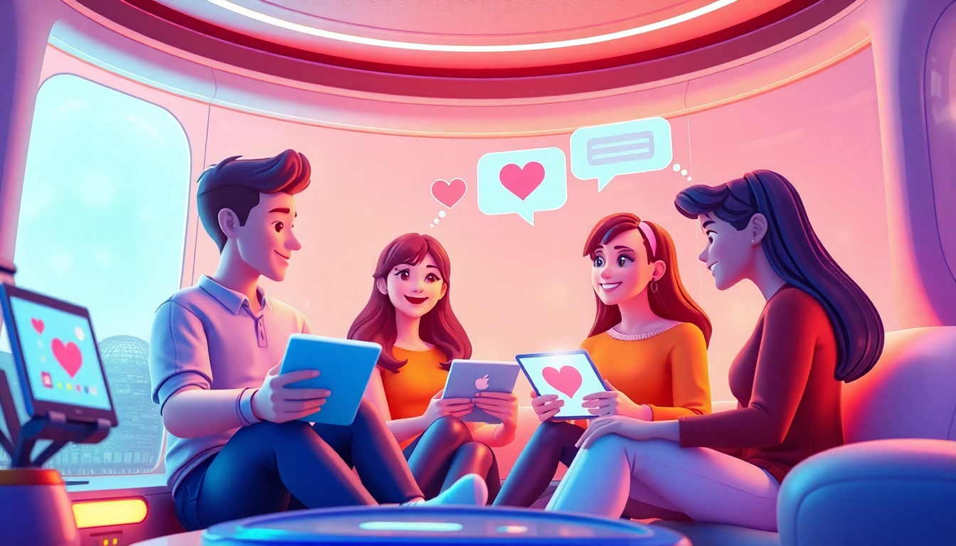Engaging scene portraying users connecting with crush on ai animated characters in a digital space.