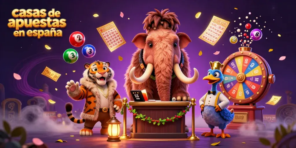 Una emocionante escena de las casas de apuestas en España con un bouncer de mamut, un tigre VIP y un portero dodo, rodeados de elementos de juego vibrantes.