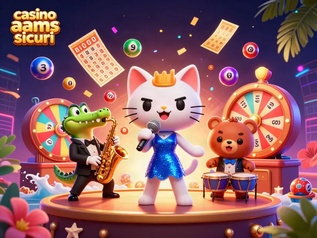 Gioca nei casino non AAMS sicuri mentre un gatto cantante jazz, un coccodrillo e un orsetto si esibiscono con colori vivaci.