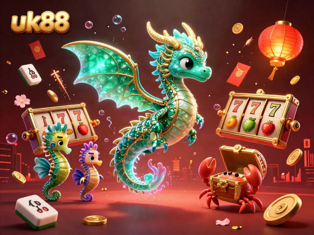 Engaging illustration of uk88 featuring a colorful sea dragon in a dynamic casino scene with vibrant game elements