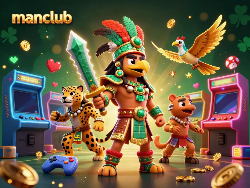 Experience the thrill of Manclub gaming with Aztec warriors and vibrant casino elements.