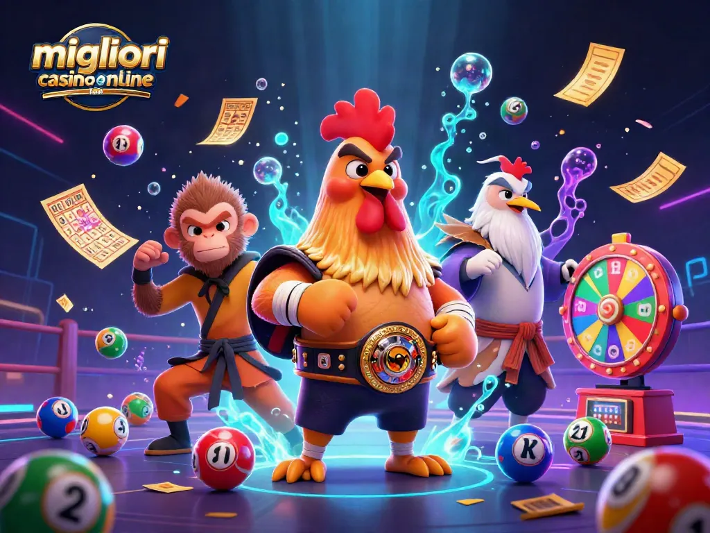 Illustrazione 3D dei migliori casino online Italia con personaggi unici e palline della lotteria in azione.