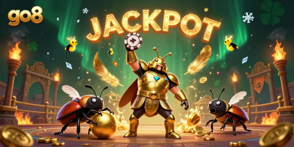 Experience the thrill of go8 with vibrant casino elements and colorful winning characters celebrating in style.