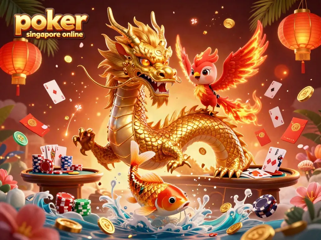 Enjoy thrilling poker singapore online games with bustling dragons and golden koi in a vibrant casino illustration.