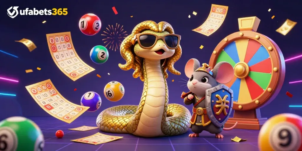 Experience the excitement of ufabets365 with a vibrant casino-themed 3D illustration showcasing lottery and gaming elements.