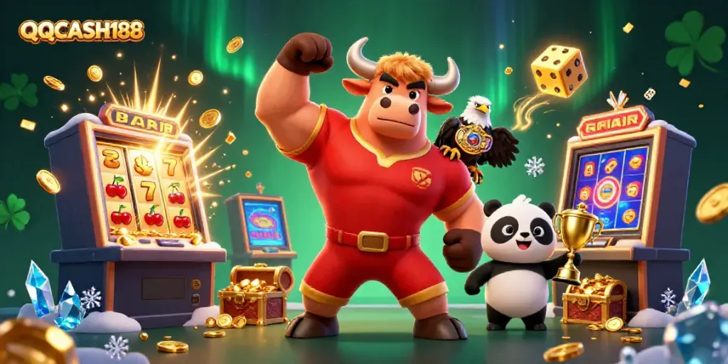 Celebrate wins at QQCASH188 with a festive 3D casino scene filled with vibrant characters and slots.