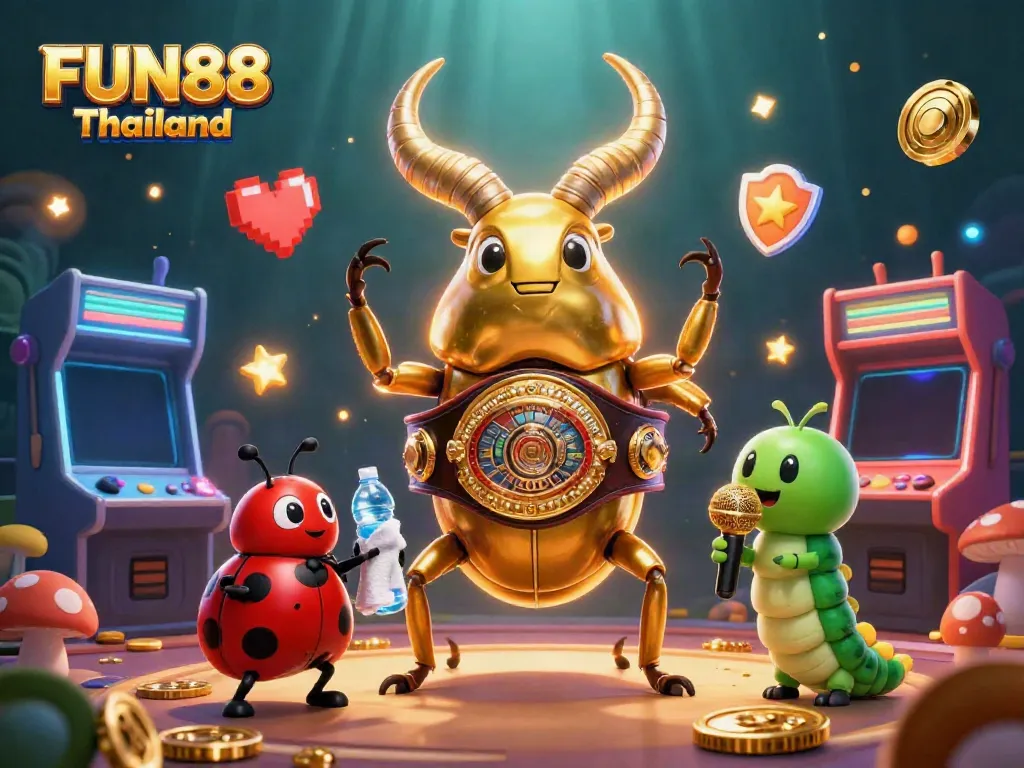 Engage with FUN88 Thailand's vibrant casino experience, featuring golden stag beetle boxing match scene with dynamic game elements.