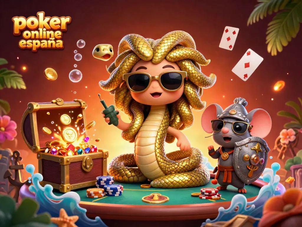 Jugando al póker online en España con una mezcla vibrante de personajes y elementos de casino.
