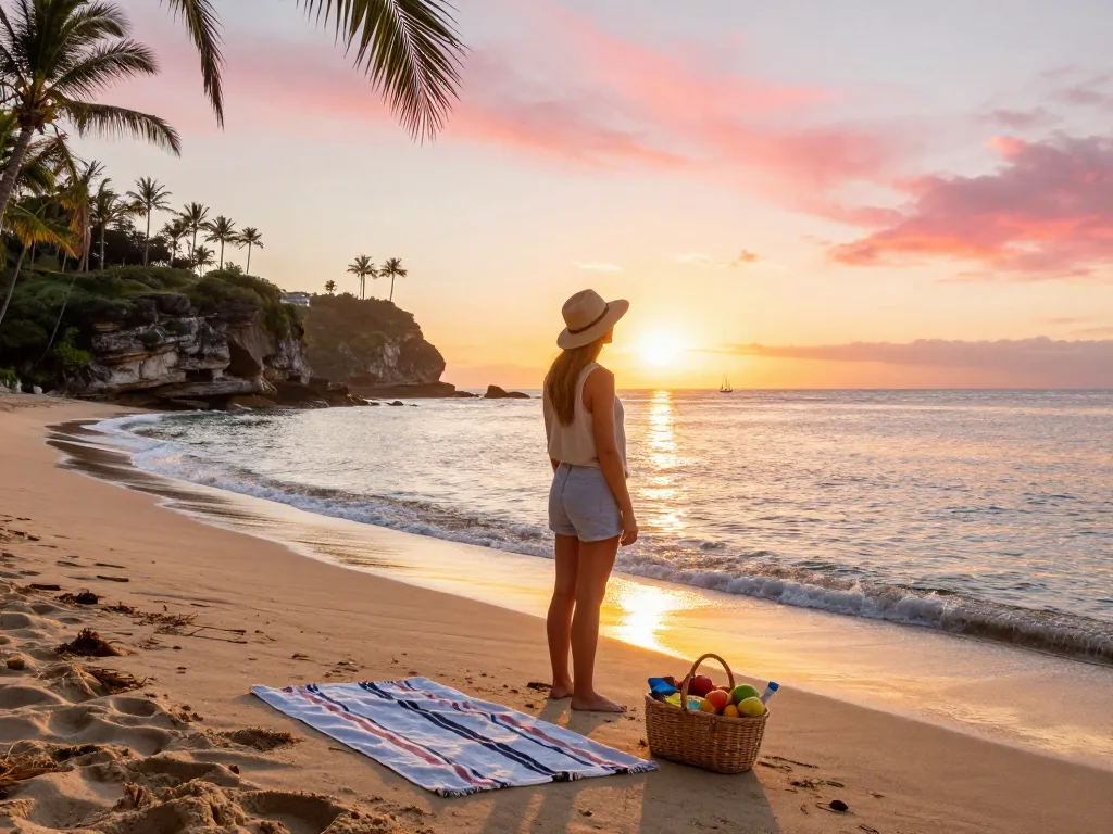 Relaxing on Australia's beautiful coast at sunset, traveler enjoying the beach.