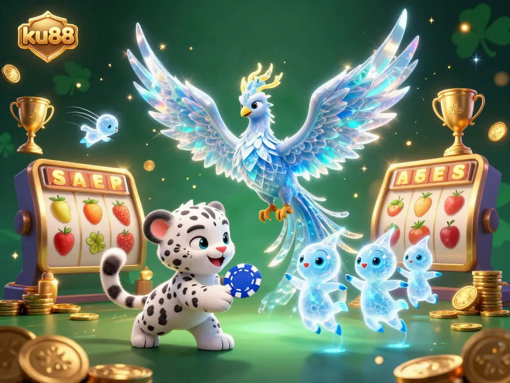 Spin the reels at ku88 and win big with this captivating casino scene featuring an ice phoenix and playful sprites.