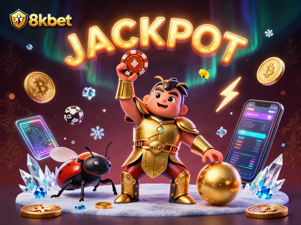 Engage with 8xbet's thrilling victory scene featuring a heroic beetle in golden armor lifting a poker chip amidst crypto coins.