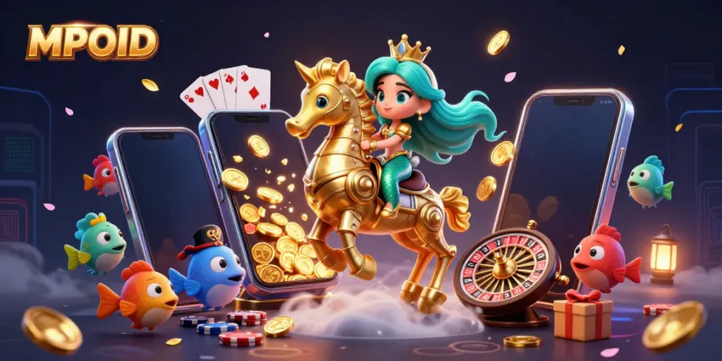MPOID showcases an animated mermaid princess enjoying a vibrant underwater casino adventure with games and treasures.