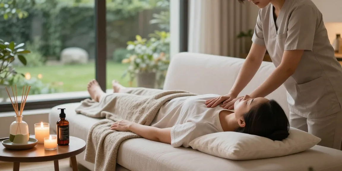 Relaxing atmosphere during 출장안마 therapy session in cozy home with warm lighting.