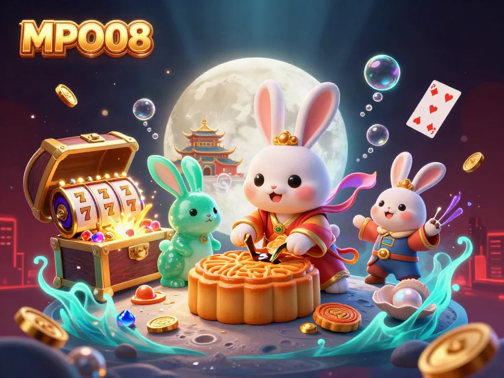 Experience the thrill of MPO08 with a vibrant illustration of festive gaming characters and casino elements.