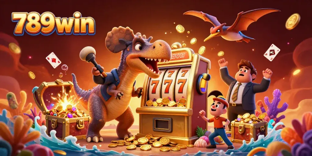 Watch the 789win pachycephalosaurus celebrate jackpot wins near golden slot machines.