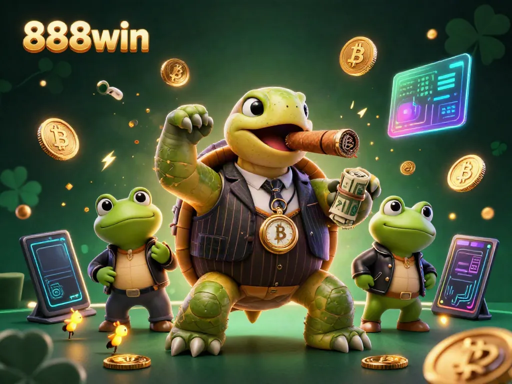 Experience the thrilling world of 888win featuring a cartoon turtle mobster, casino lights, and crypto elements.