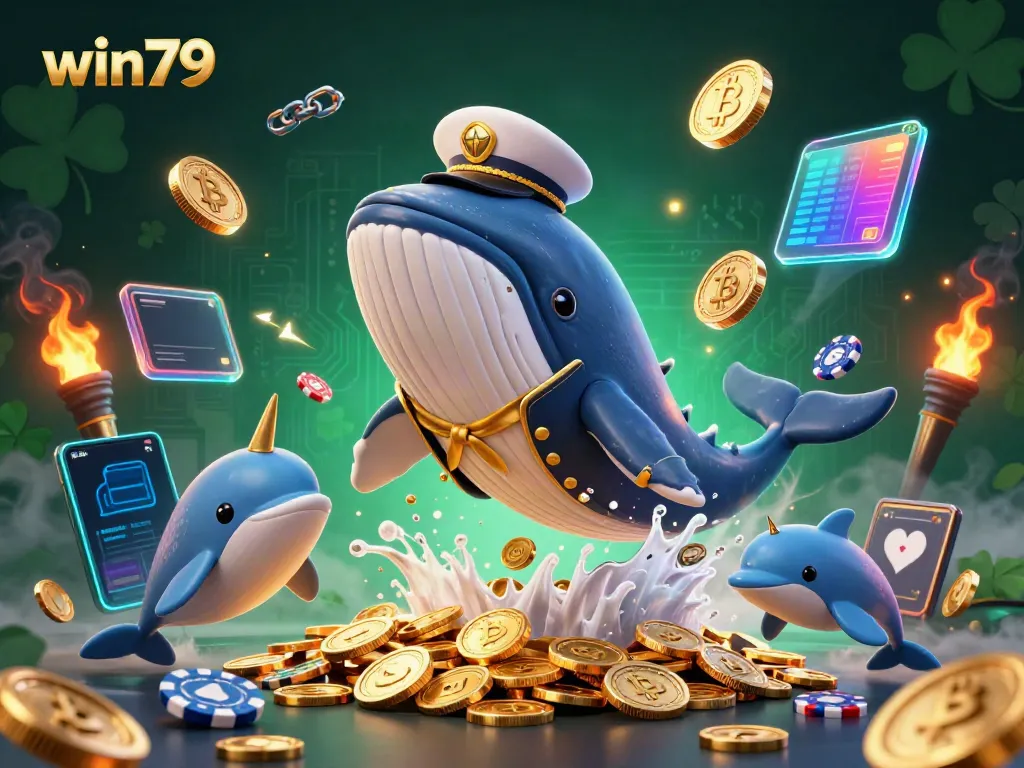 Engage in thrilling fun at win79 with a 3D whalescape of coins, crypto coins, and poker chips.