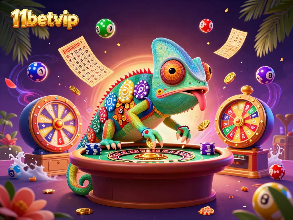 Experience vibrant casino thrills with 11betvip’s dynamic chameleon mascot amidst a lively backdrop of game elements.
