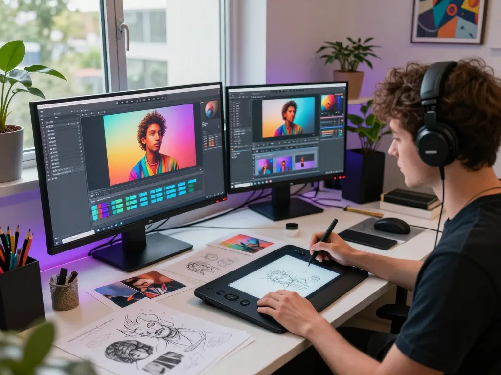 Creating AI porn in a modern digital art studio with vibrant colors.