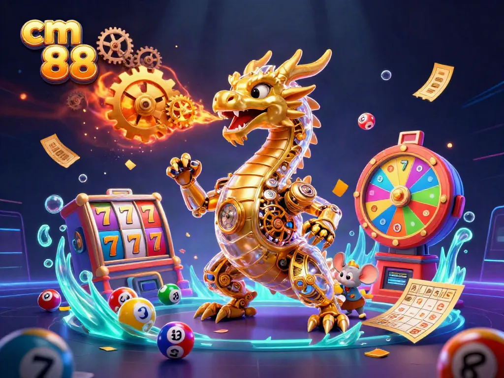 Experience the excitement of cm 88 with a golden dragon amidst colorful casino elements like slot reels and lottery balls.