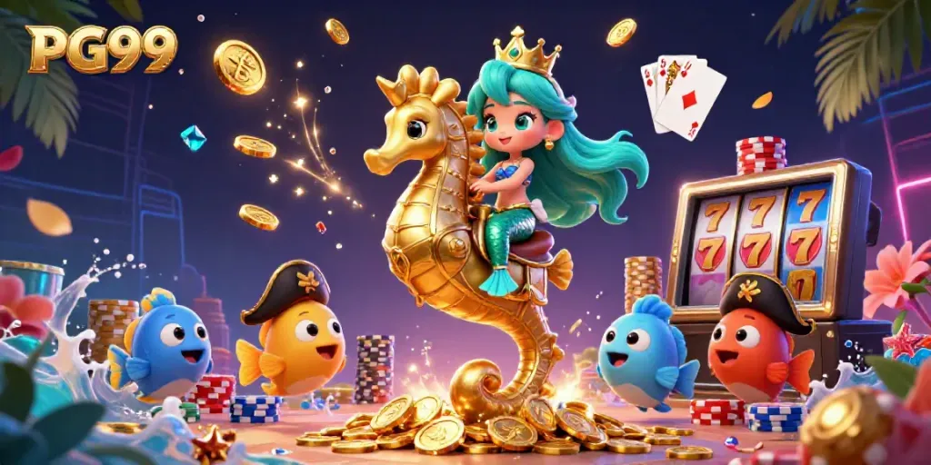 Experience the excitement of PG99 casino gaming with a vibrant mermaid-themed slot scene.