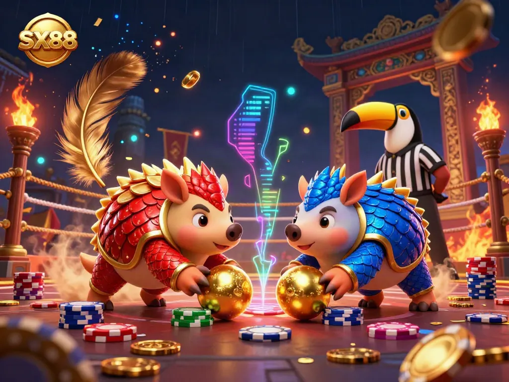 Experience the thrilling scene at SX88 as rival pangolins compete in a poker chip bowling game, infused with vibrant casino elements.