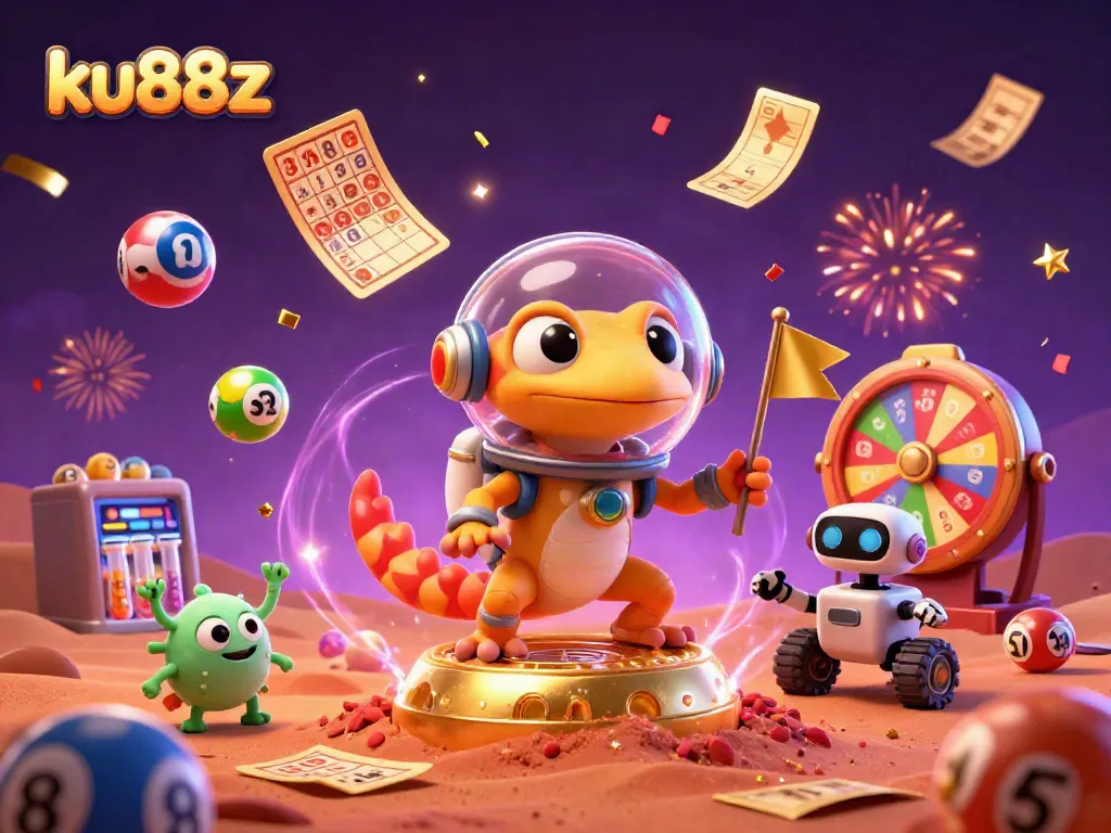 Engage in thrilling gaming at ku88z with a vibrant Martian casino scene featuring lottery elements, confetti, and celebrations.