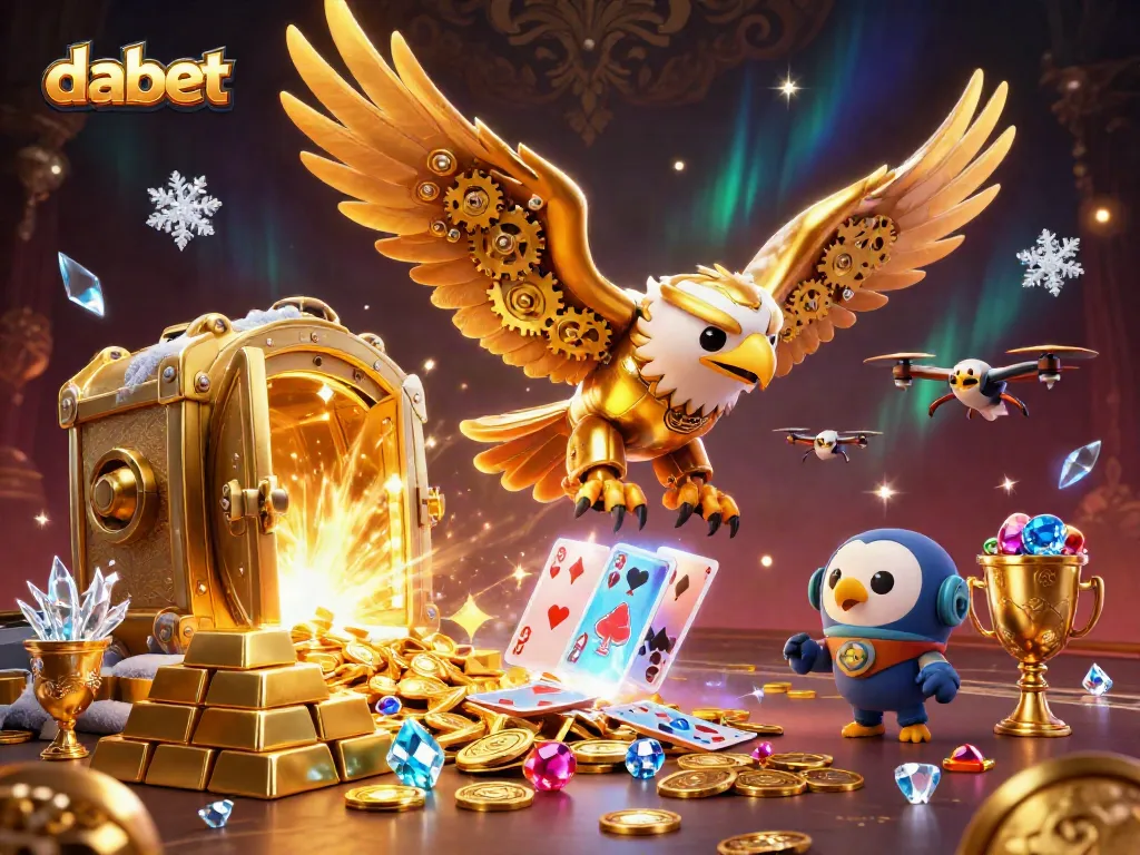 Dabet showcases a cybernetic eagle amidst a cascade of holographic cards and treasure, embodying gaming excitement.