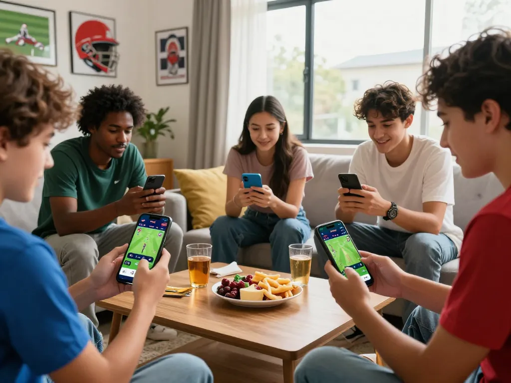 Exciting cricket fans enjoying crickex app download on smartphones in lively living room.