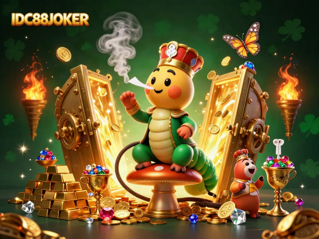Experience the captivating world of IDC88JOKER with vibrant casino-themed 3D art featuring a hookah-master caterpillar and treasures.