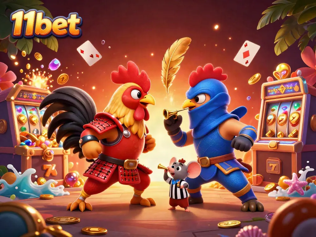 Experience thrilling gameplay at 11bet with epic rooster battle and dynamic casino elements surrounding them.