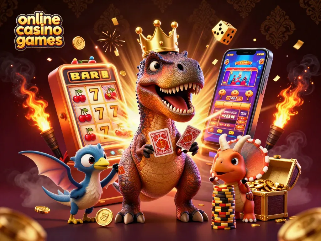 Play engaging online casino games with a playful T-Rex, pterodactyl, and triceratops in a vibrant scene.