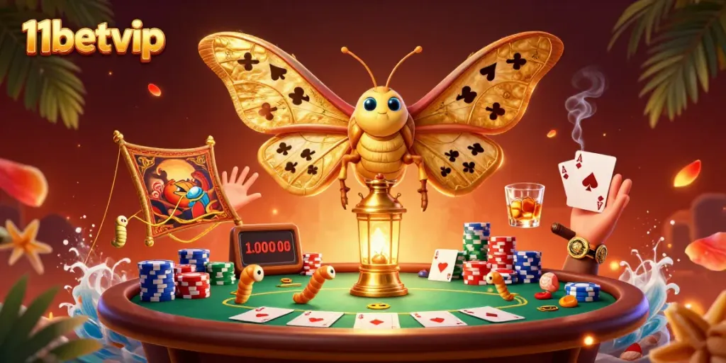Engage in thrilling casino experiences at 11betvip with vibrant images of moths, poker, and golden treasures.