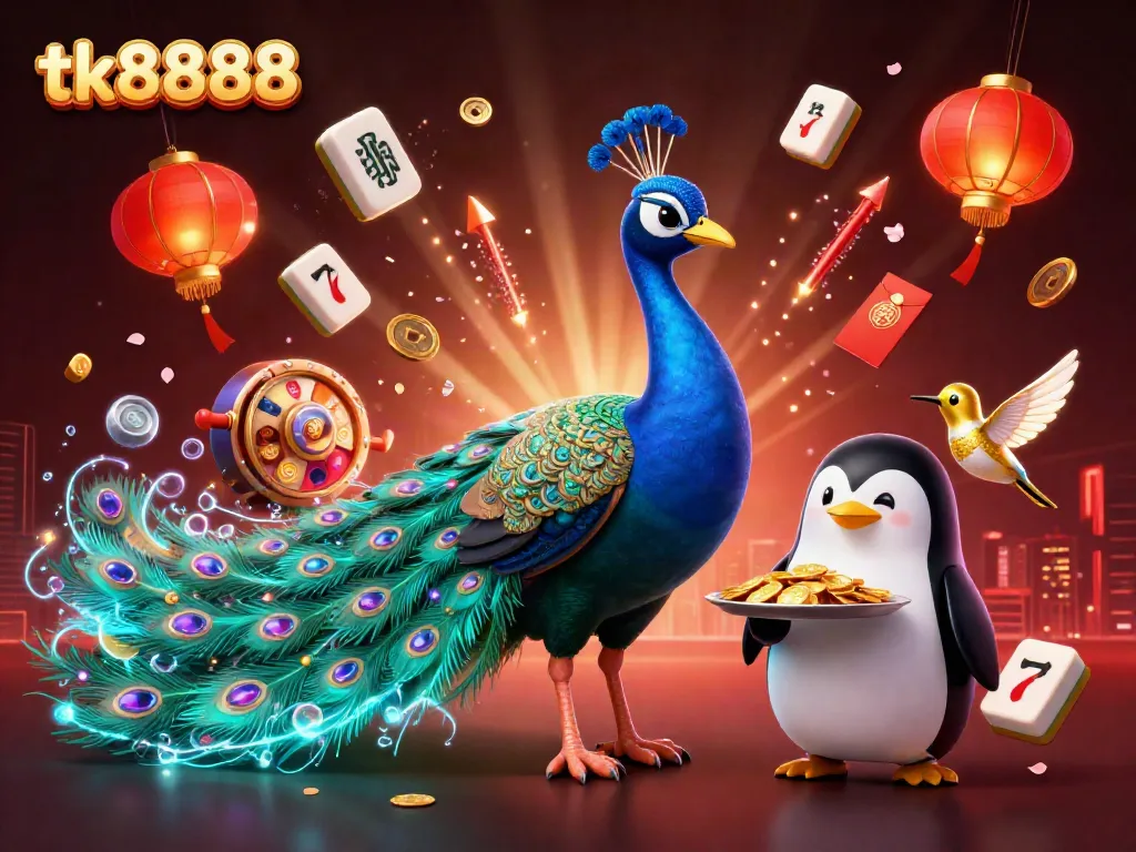 Engage with tk8888 as a colorful peacock, a butler penguin, and a golden hummingbird enhance the vibrant casino atmosphere.